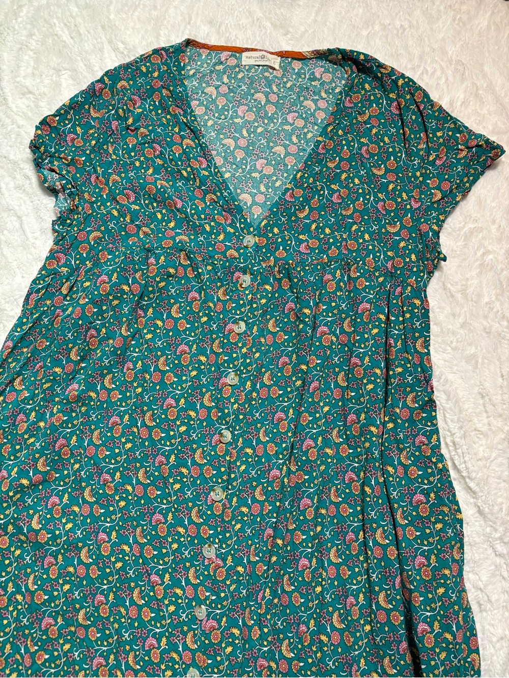 Natural Life Floral Maxi Dress Size Large Teal/Orange Hippie Groovy with Pockets - Picture 2 of 14